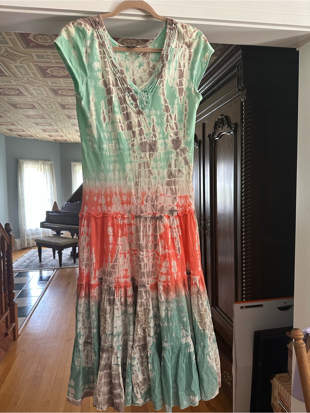 Tie-Dye Tiered Maxi Dress in Mint, Coral & Taupe